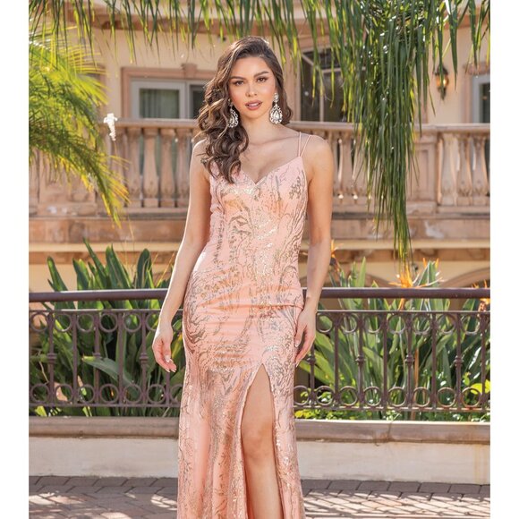 New Sequins Embellished Maxi Ceremonial Gown w/ V-Neck & Lace Up Back DQ 4302 - Picture 7 of 9